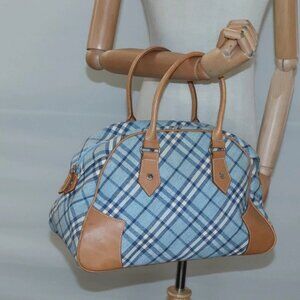 BURBERRY Nova Check Blue Label Hand Bag Wool Light Blue Silver Auth